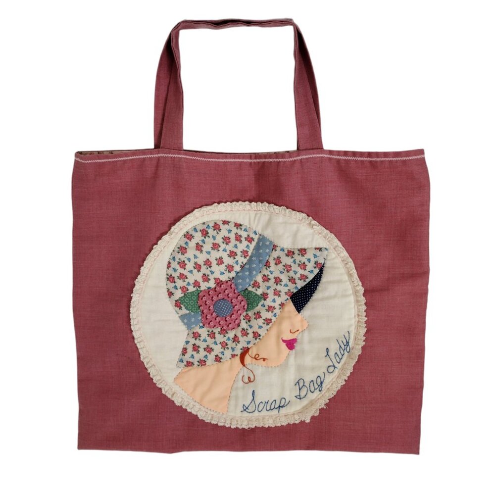 Vintage Homemade Scrap Bag Lady Quilted Tote Bag
